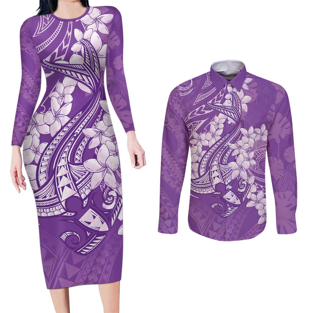 Purple Polynesia Hammerhead Shark Tattoo With Plumeria Lei Couples Matching Long Sleeve Bodycon Dress and Long Sleeve Button Shirt