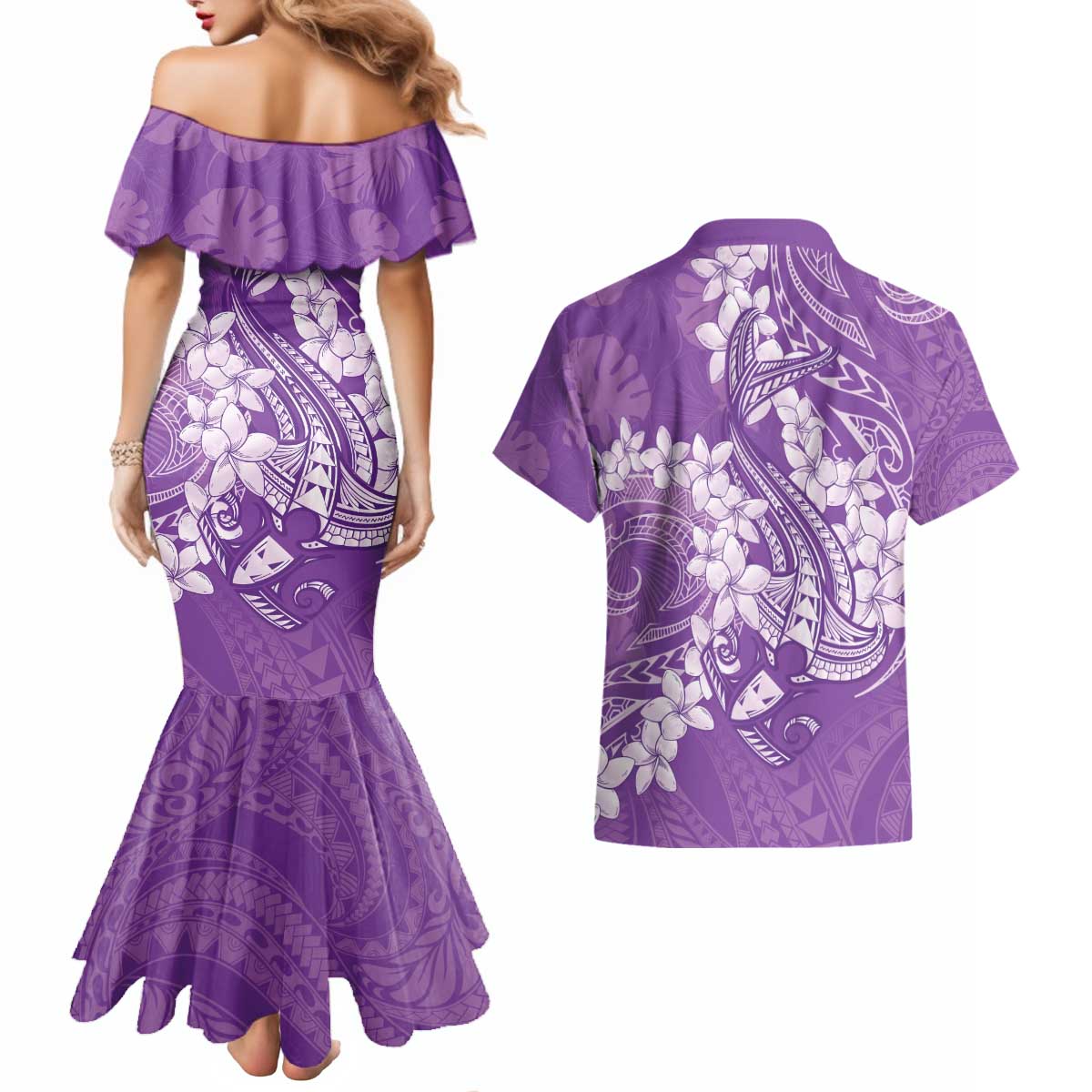 Purple Polynesia Hammerhead Shark Tattoo With Plumeria Lei Couples Matching Mermaid Dress and Hawaiian Shirt