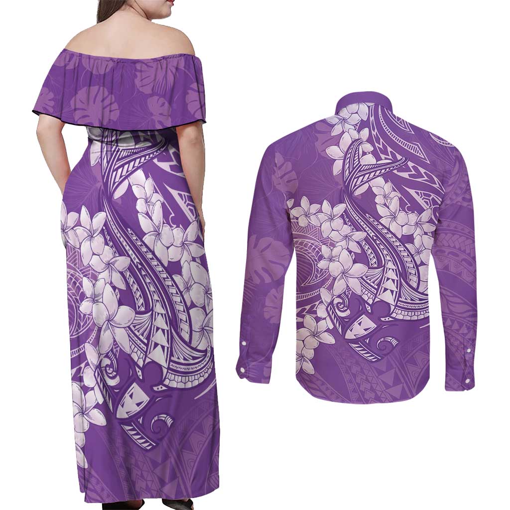 Purple Polynesia Hammerhead Shark Tattoo With Plumeria Lei Couples Matching Off Shoulder Maxi Dress and Long Sleeve Button Shirt