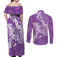 Purple Polynesia Hammerhead Shark Tattoo With Plumeria Lei Couples Matching Off Shoulder Maxi Dress and Long Sleeve Button Shirt