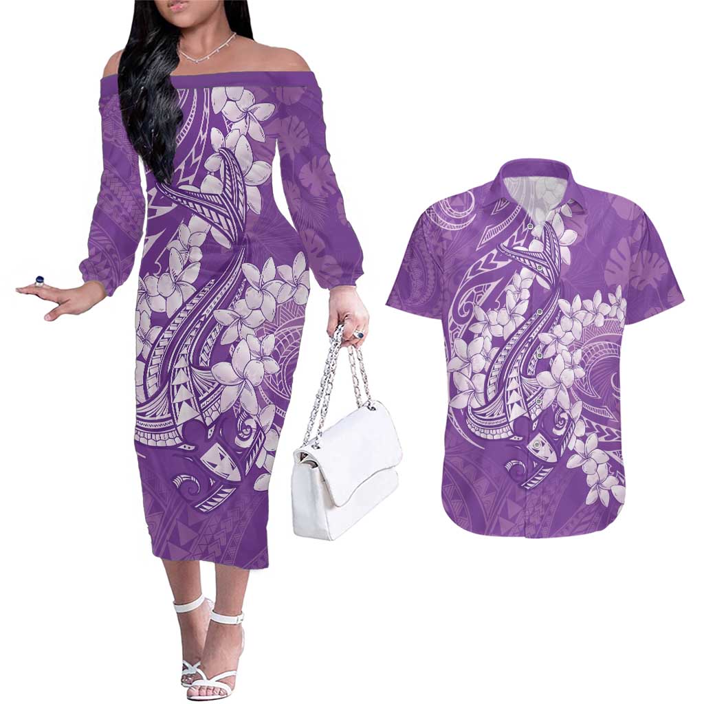 Purple Polynesia Hammerhead Shark Tattoo With Plumeria Lei Couples Matching Off The Shoulder Long Sleeve Dress and Hawaiian Shirt