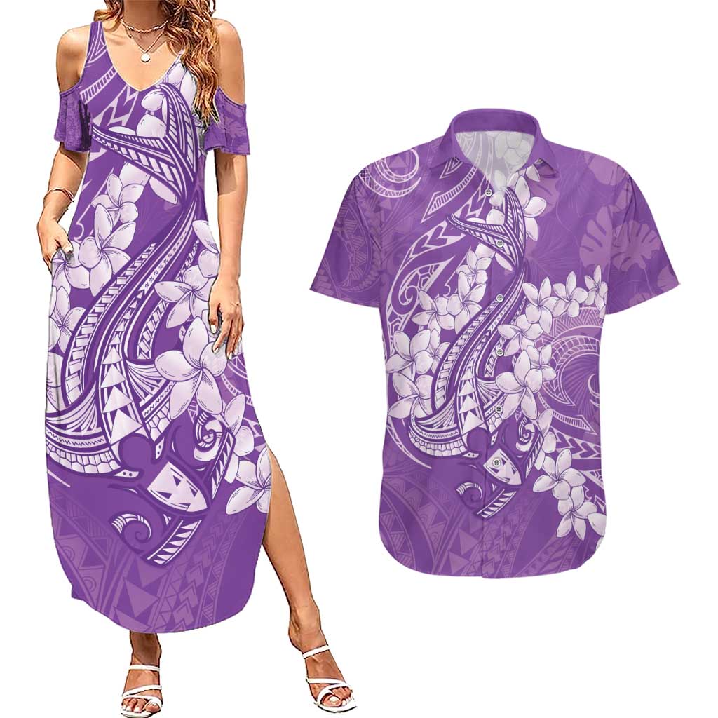 Purple Polynesia Hammerhead Shark Tattoo With Plumeria Lei Couples Matching Summer Maxi Dress and Hawaiian Shirt