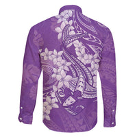 Purple Polynesia Hammerhead Shark Tattoo With Plumeria Lei Family Matching Long Sleeve Bodycon Dress and Hawaiian Shirt