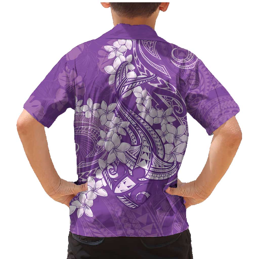 Purple Polynesia Hammerhead Shark Tattoo With Plumeria Lei Family Matching Mermaid Dress and Hawaiian Shirt