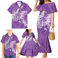 Purple Polynesia Hammerhead Shark Tattoo With Plumeria Lei Family Matching Mermaid Dress and Hawaiian Shirt
