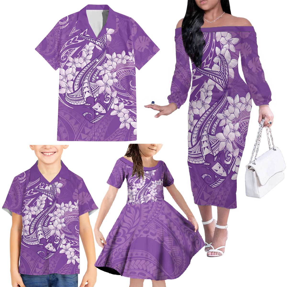 Purple Polynesia Hammerhead Shark Tattoo With Plumeria Lei Family Matching Off The Shoulder Long Sleeve Dress and Hawaiian Shirt