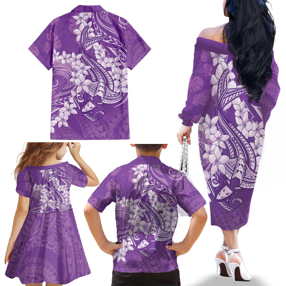 Purple Polynesia Hammerhead Shark Tattoo With Plumeria Lei Family Matching Off The Shoulder Long Sleeve Dress and Hawaiian Shirt