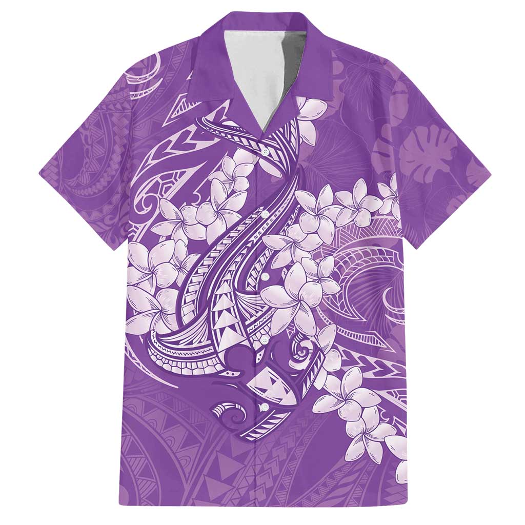 Purple Polynesia Hammerhead Shark Tattoo With Plumeria Lei Family Matching Off Shoulder Maxi Dress and Hawaiian Shirt