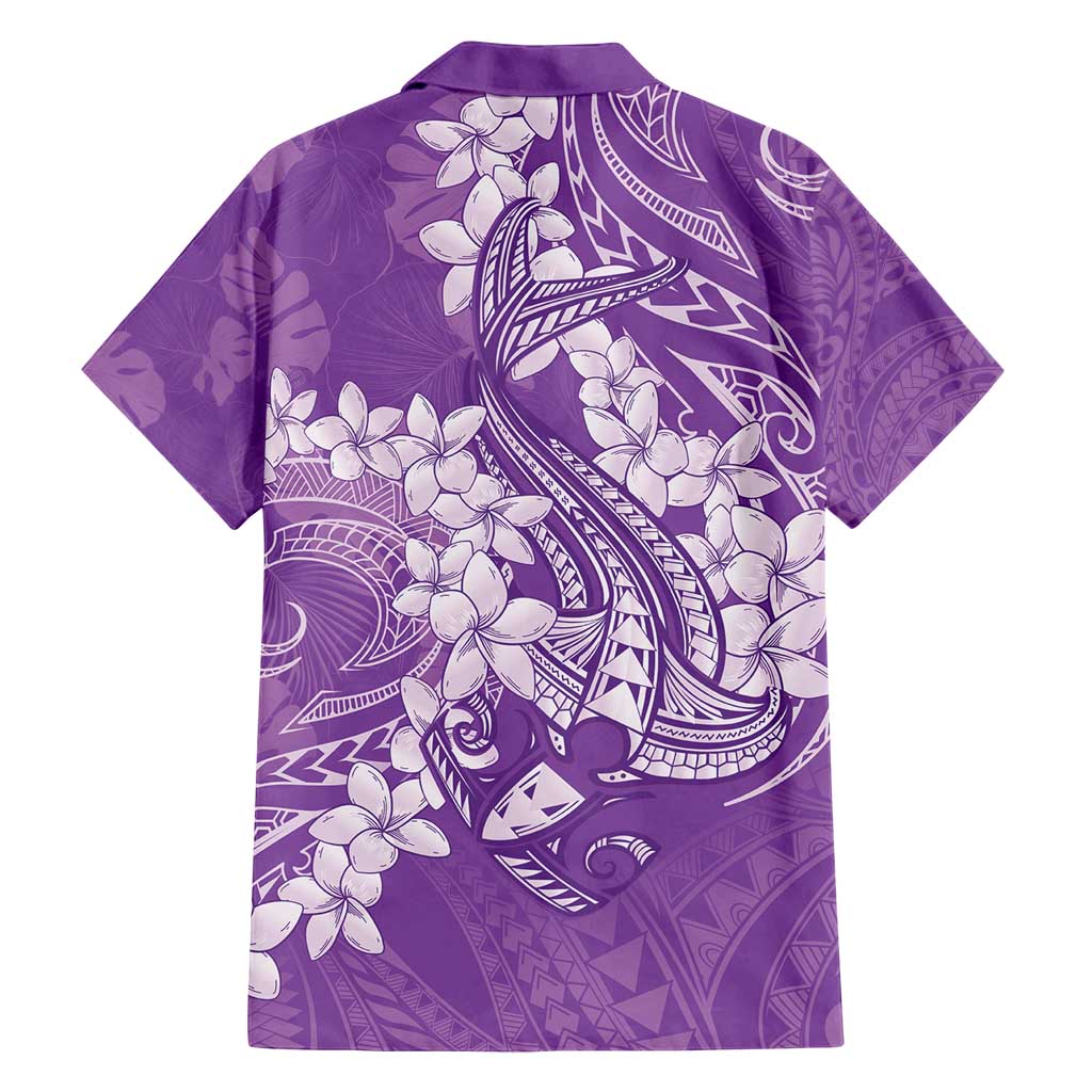 Purple Polynesia Hammerhead Shark Tattoo With Plumeria Lei Family Matching Off Shoulder Maxi Dress and Hawaiian Shirt