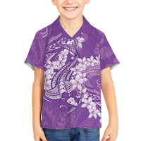 Purple Polynesia Hammerhead Shark Tattoo With Plumeria Lei Family Matching Off Shoulder Maxi Dress and Hawaiian Shirt