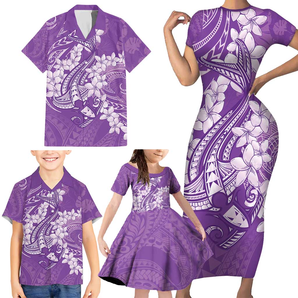 Purple Polynesia Hammerhead Shark Tattoo With Plumeria Lei Family Matching Short Sleeve Bodycon Dress and Hawaiian Shirt