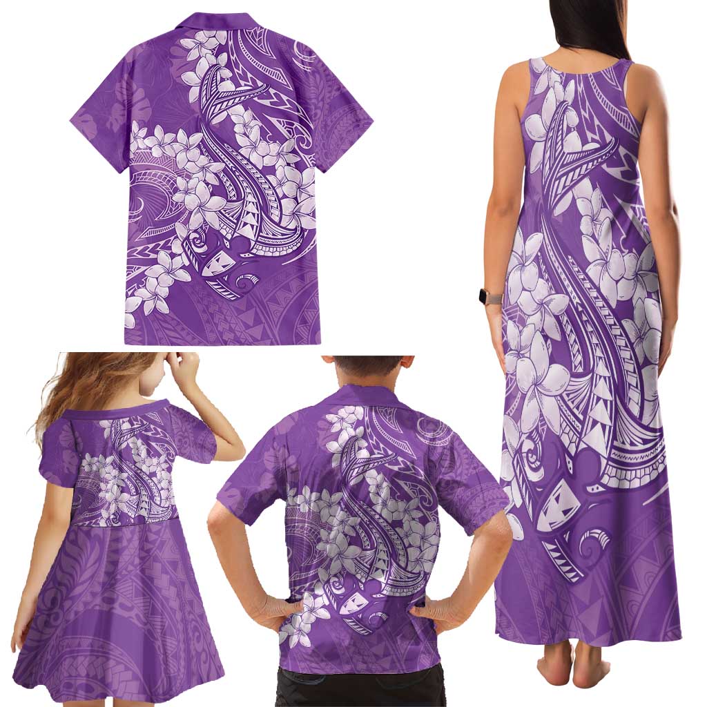 Purple Polynesia Hammerhead Shark Tattoo With Plumeria Lei Family Matching Tank Maxi Dress and Hawaiian Shirt