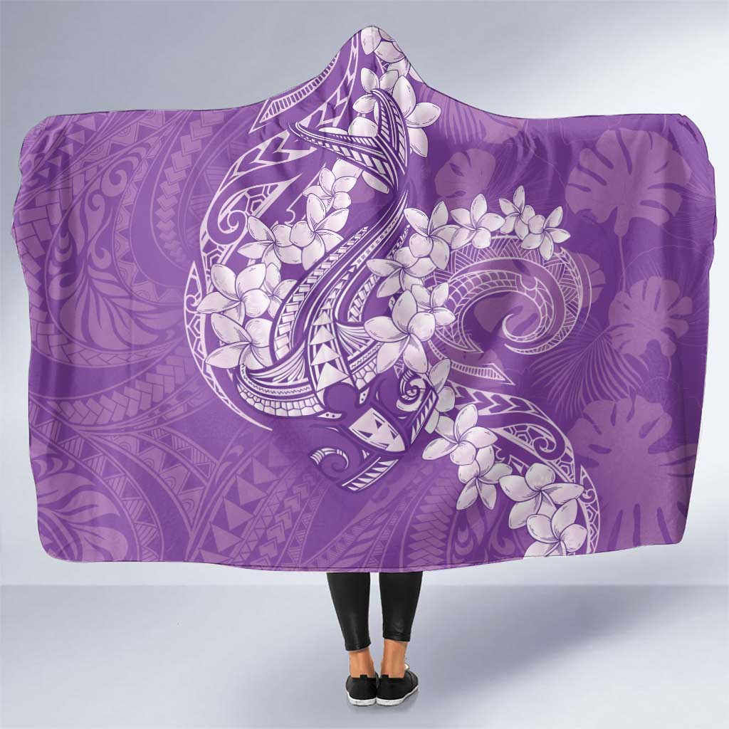 Purple Polynesia Hammerhead Shark Tattoo With Plumeria Lei Hooded Blanket