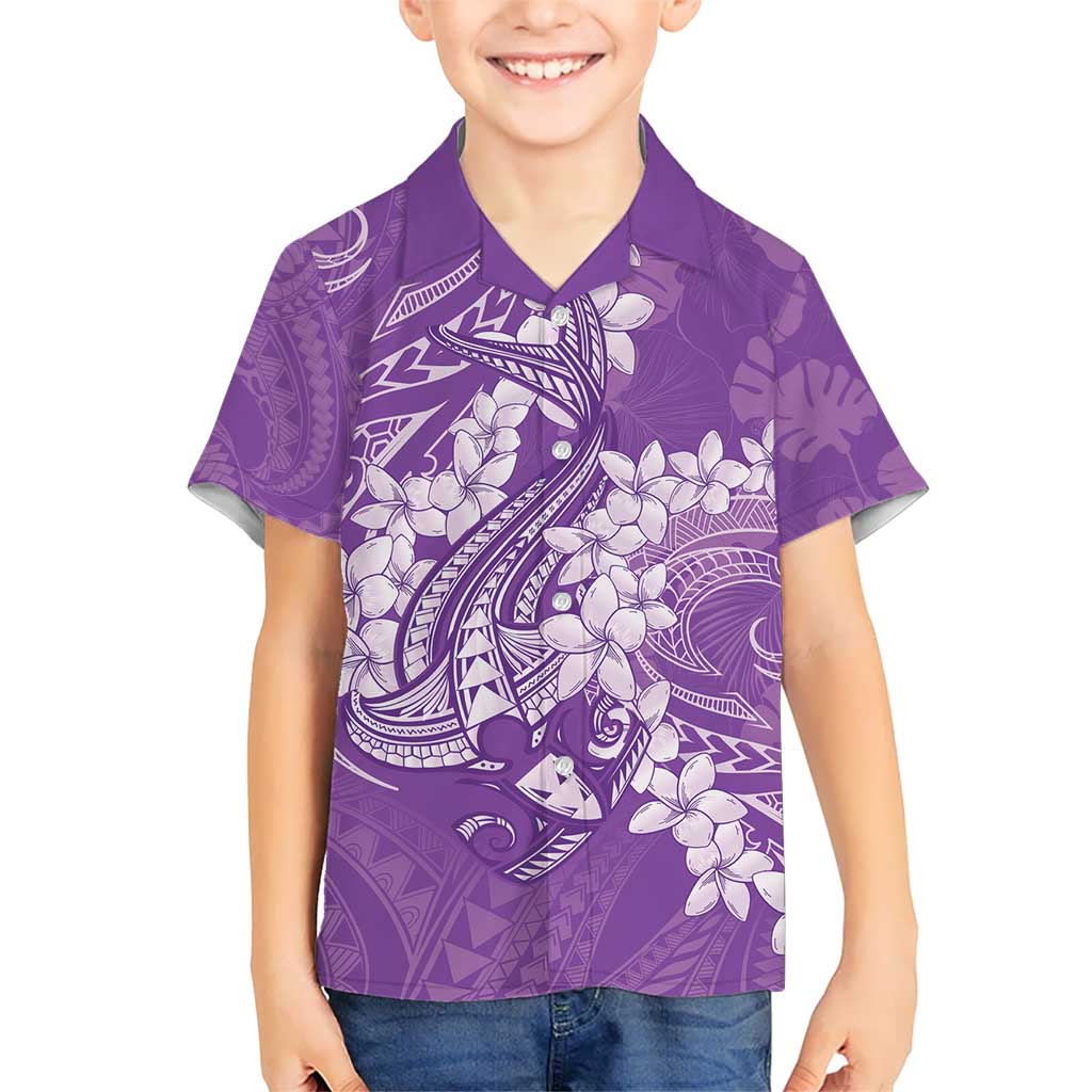Purple Polynesia Hammerhead Shark Tattoo With Plumeria Lei Kid Hawaiian Shirt