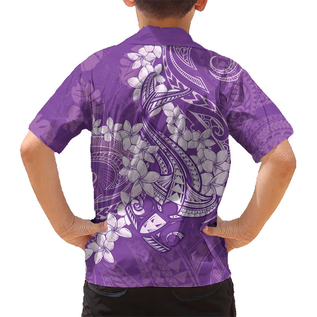 Purple Polynesia Hammerhead Shark Tattoo With Plumeria Lei Kid Hawaiian Shirt