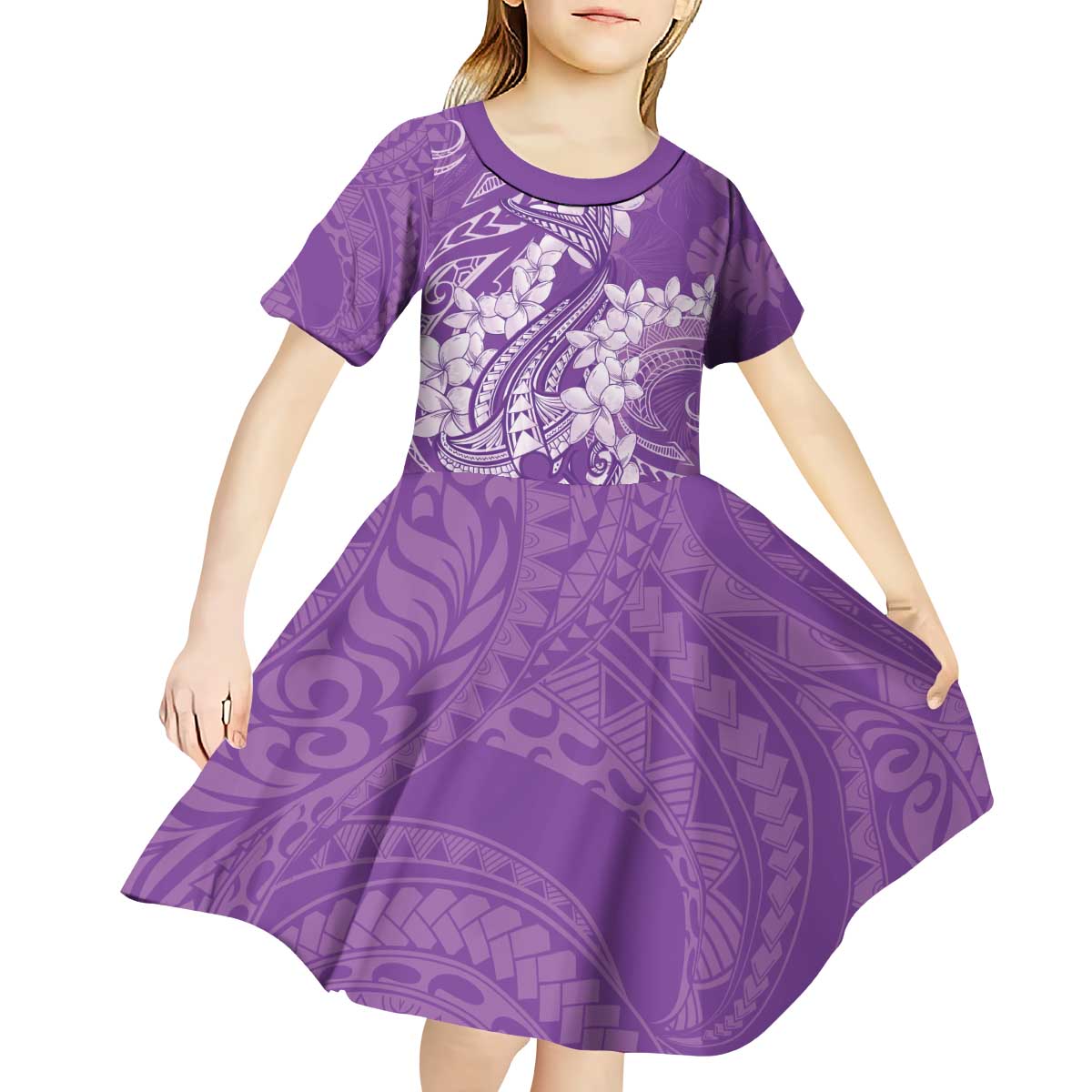 Purple Polynesia Hammerhead Shark Tattoo With Plumeria Lei Kid Short Sleeve Dress