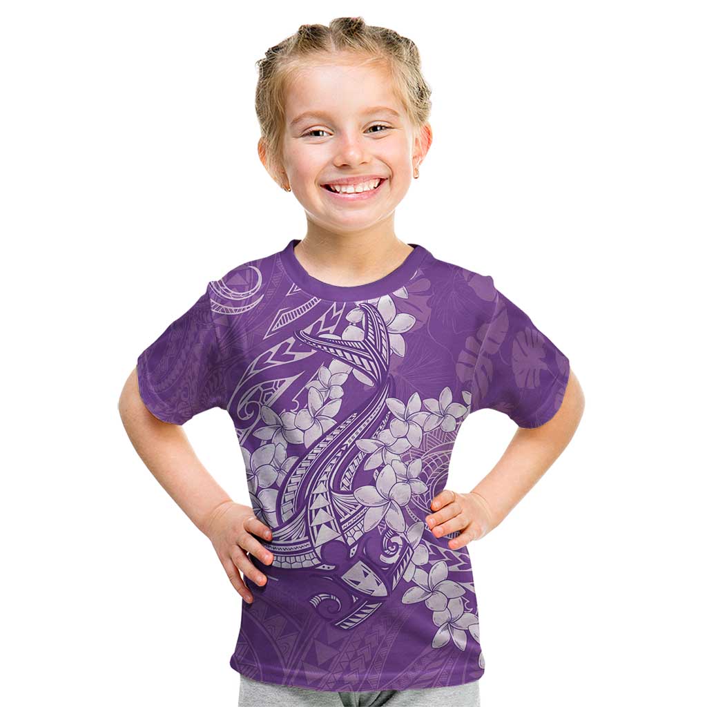 Purple Polynesia Hammerhead Shark Tattoo With Plumeria Lei Kid T Shirt