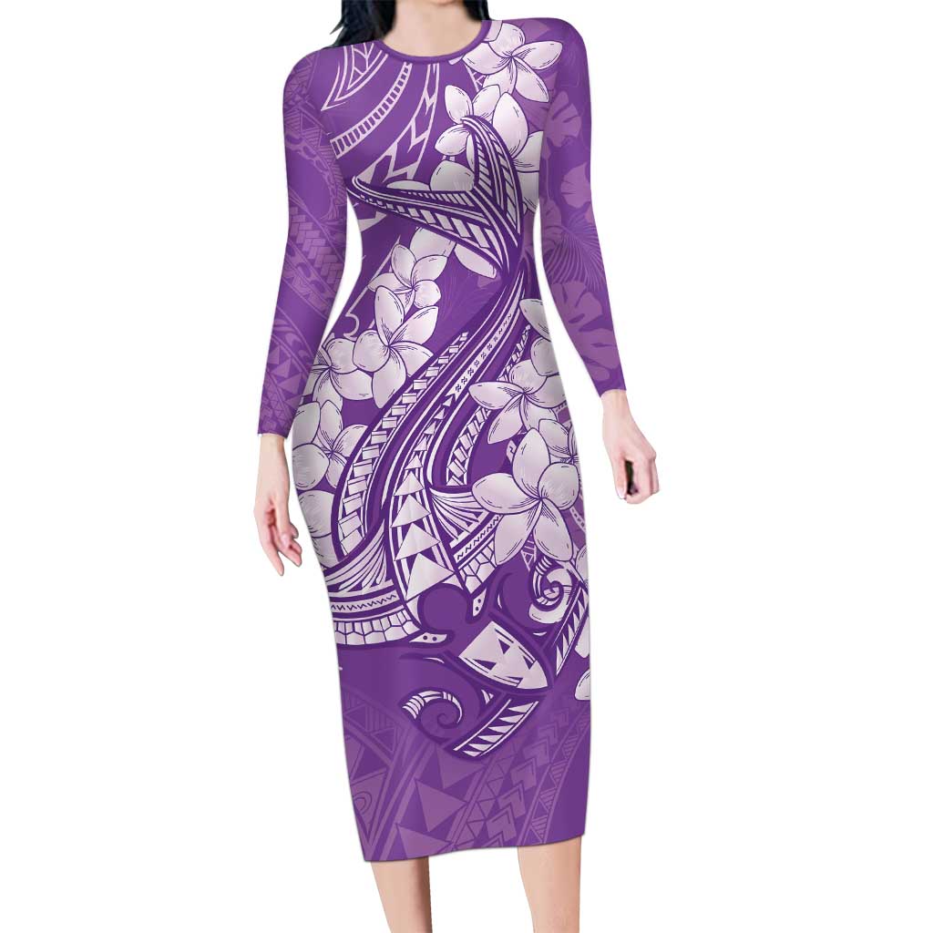 Purple Polynesia Hammerhead Shark Tattoo With Plumeria Lei Long Sleeve Bodycon Dress LT14 Long Dress Purple - Polynesian Pride