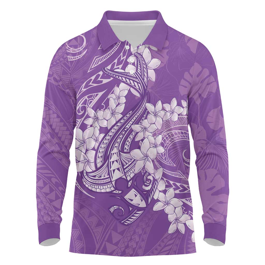 Purple Polynesia Hammerhead Shark Tattoo With Plumeria Lei Long Sleeve Polo Shirt LT14 Purple - Polynesian Pride