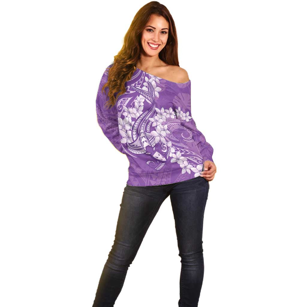 Purple Polynesia Hammerhead Shark Tattoo With Plumeria Lei Off Shoulder Sweater