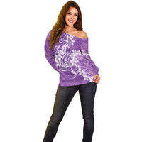 Purple Polynesia Hammerhead Shark Tattoo With Plumeria Lei Off Shoulder Sweater