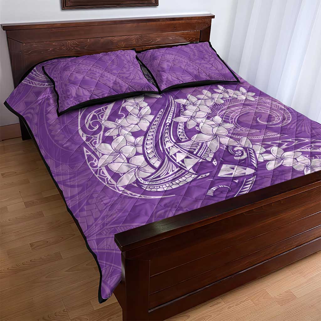 Purple Polynesia Hammerhead Shark Tattoo With Plumeria Lei Quilt Bed Set