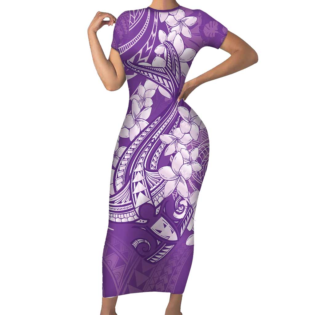 Purple Polynesia Hammerhead Shark Tattoo With Plumeria Lei Short Sleeve Bodycon Dress LT14 Long Dress Purple - Polynesian Pride