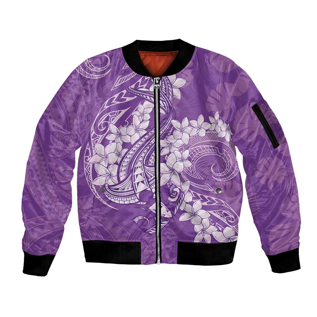 Purple Polynesia Hammerhead Shark Tattoo With Plumeria Lei Sleeve Zip Bomber Jacket LT14 Unisex Purple - Polynesian Pride