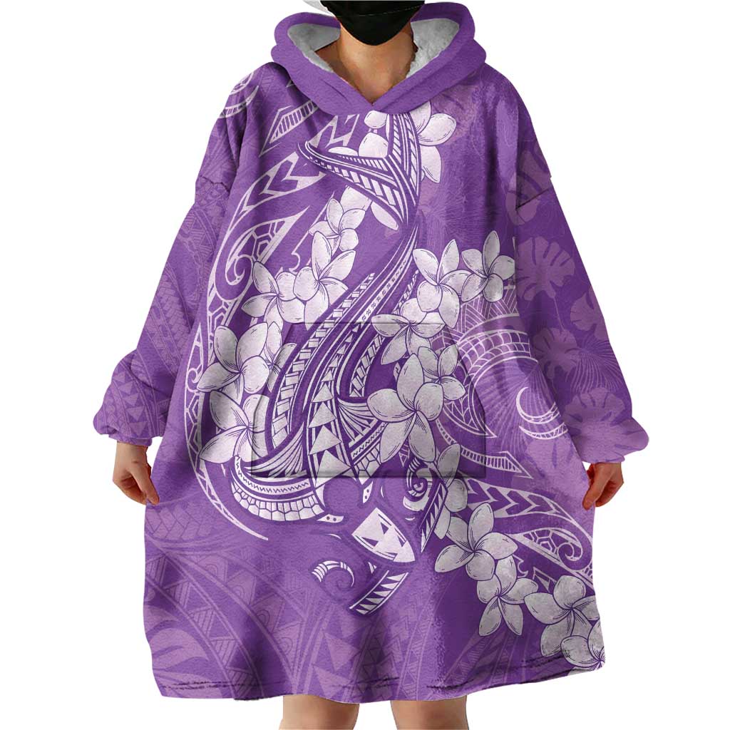 Purple Polynesia Hammerhead Shark Tattoo With Plumeria Lei Wearable Blanket Hoodie