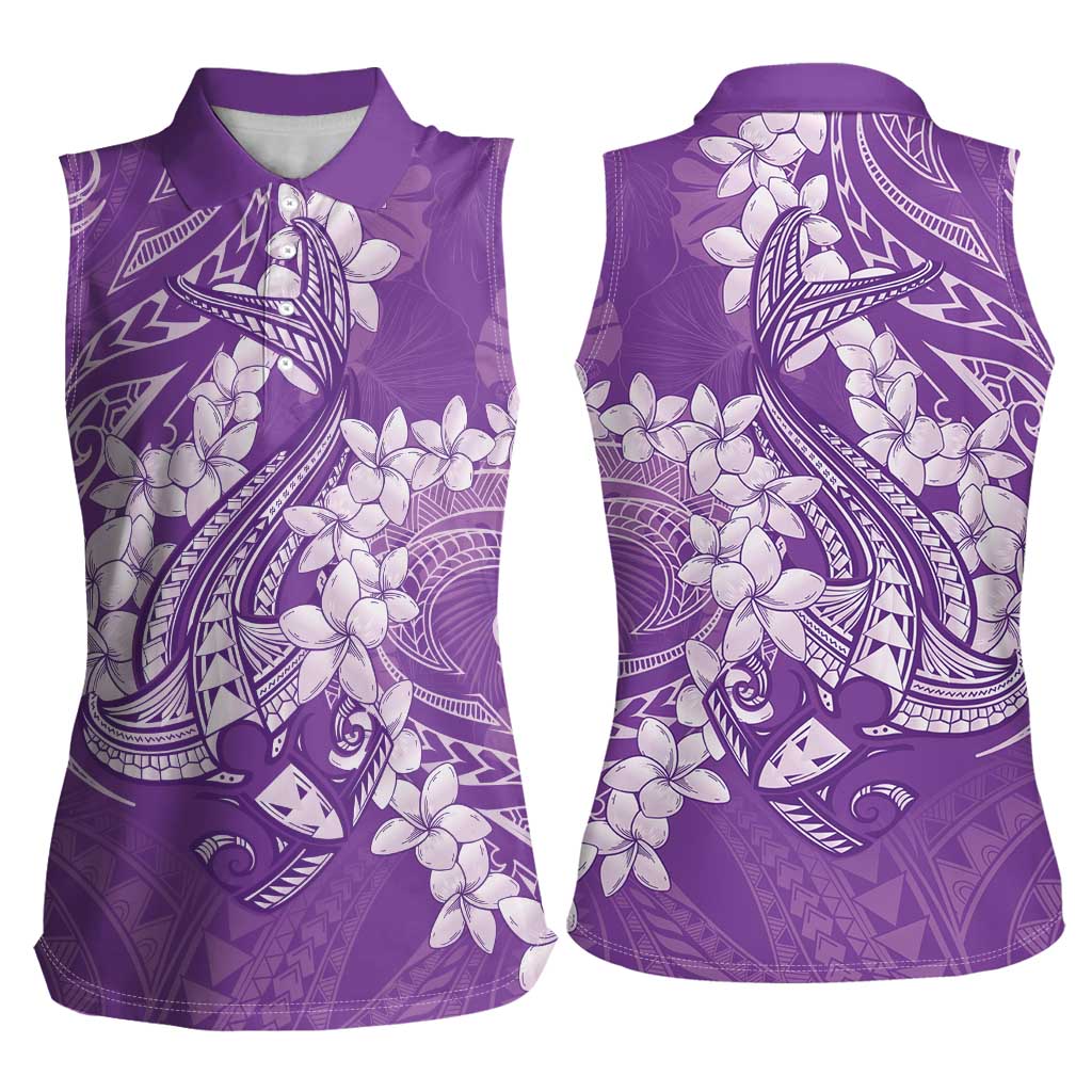 Purple Polynesia Hammerhead Shark Tattoo With Plumeria Lei Women Sleeveless Polo Shirt