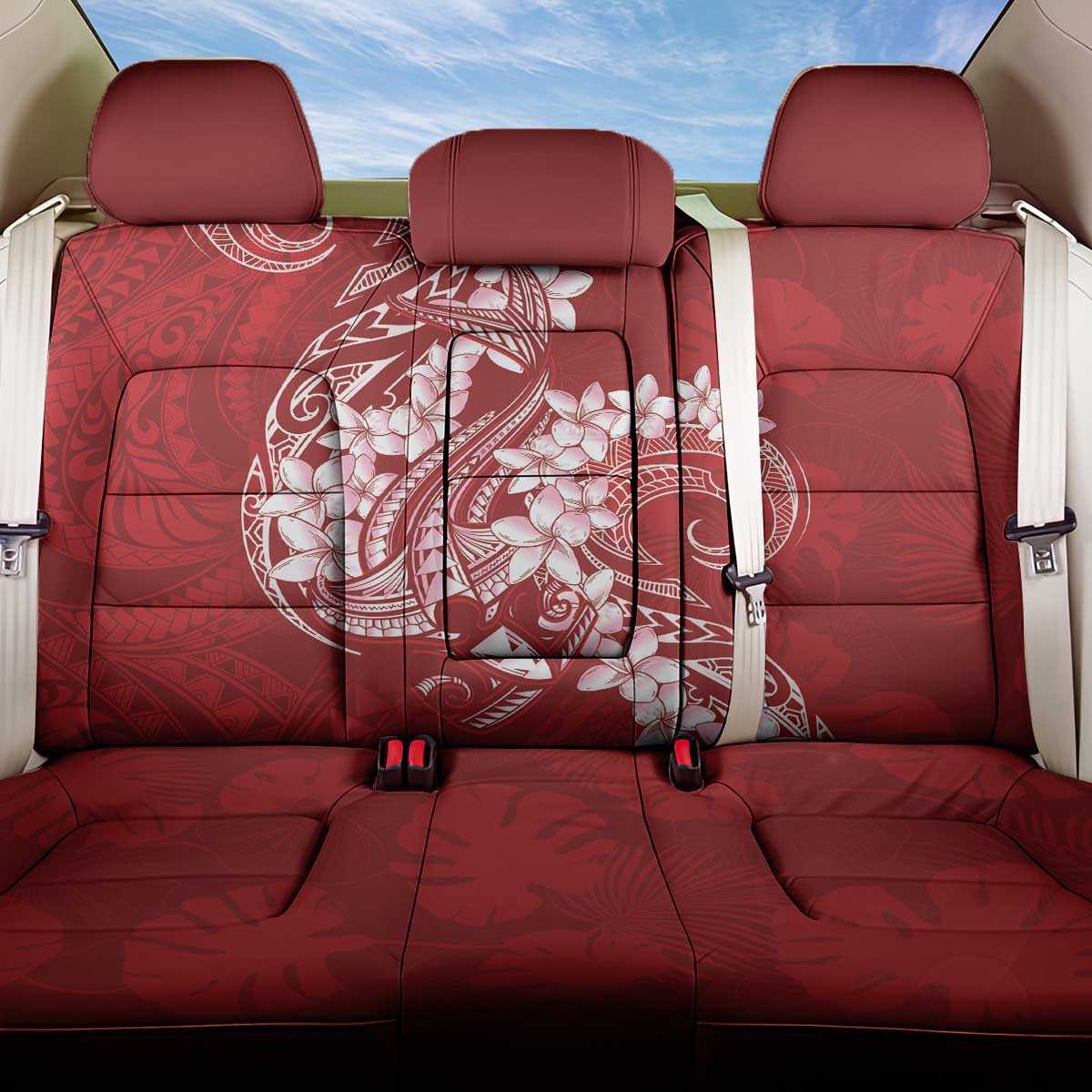 Red Polynesia Hammerhead Shark Tattoo With Plumeria Lei Back Car Seat Cover LT14 One Size Red - Polynesian Pride
