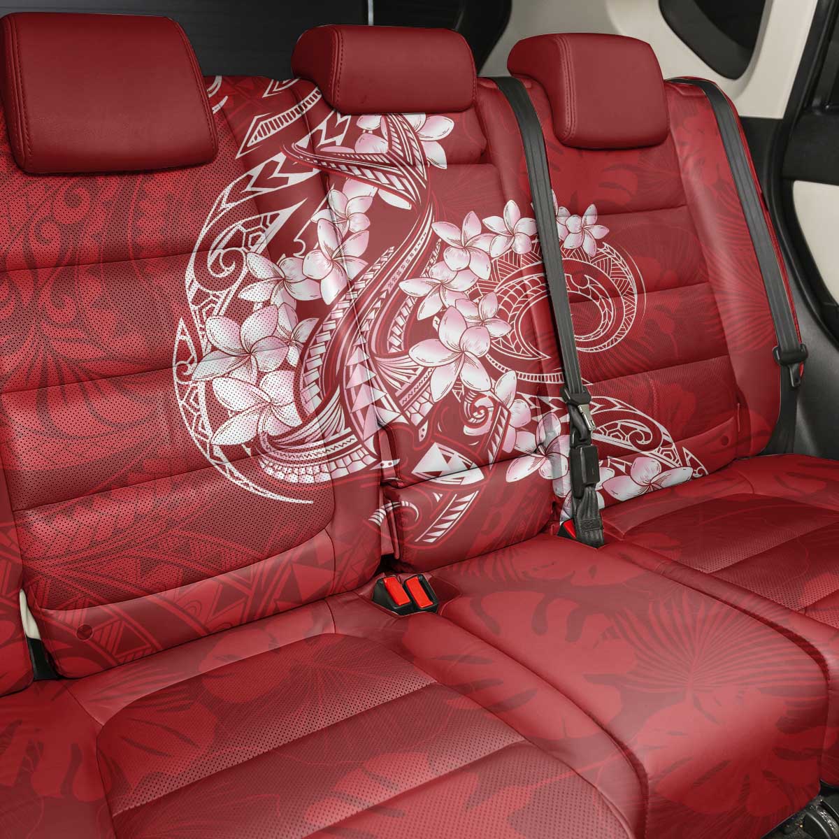 Red Polynesia Hammerhead Shark Tattoo With Plumeria Lei Back Car Seat Cover LT14 - Polynesian Pride