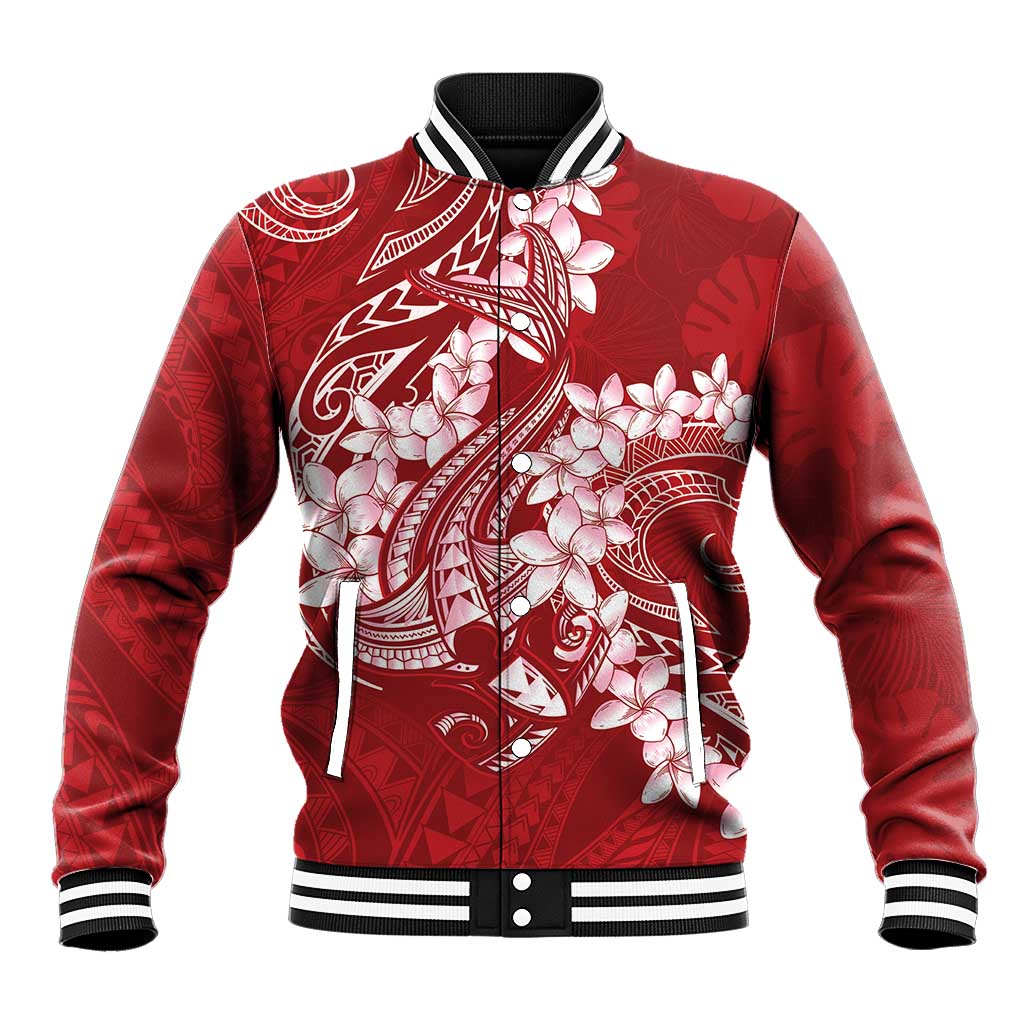 Red Polynesia Hammerhead Shark Tattoo With Plumeria Lei Baseball Jacket
