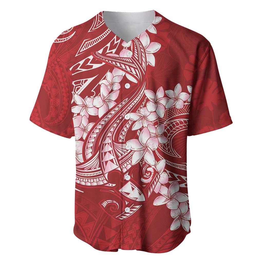 Red Polynesia Hammerhead Shark Tattoo With Plumeria Lei Baseball Jersey