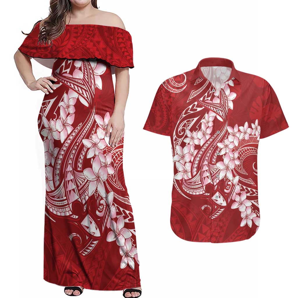 Red Polynesia Hammerhead Shark Tattoo With Plumeria Lei Couples Matching Off Shoulder Maxi Dress and Hawaiian Shirt