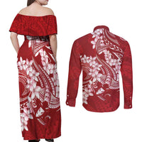 Red Polynesia Hammerhead Shark Tattoo With Plumeria Lei Couples Matching Off Shoulder Maxi Dress and Long Sleeve Button Shirt LT14 - Polynesian Pride
