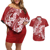 Red Polynesia Hammerhead Shark Tattoo With Plumeria Lei Couples Matching Off Shoulder Short Dress and Hawaiian Shirt