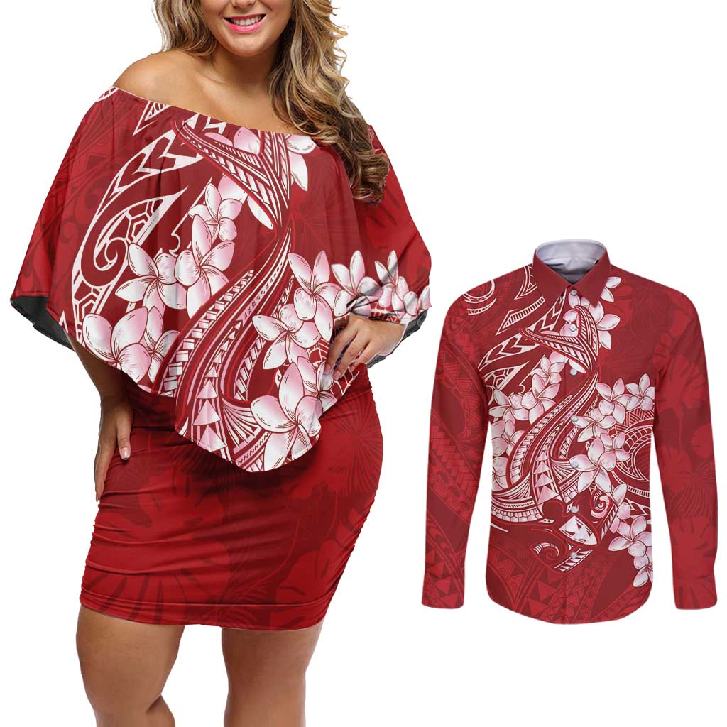 Red Polynesia Hammerhead Shark Tattoo With Plumeria Lei Couples Matching Off Shoulder Short Dress and Long Sleeve Button Shirt