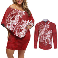 Red Polynesia Hammerhead Shark Tattoo With Plumeria Lei Couples Matching Off Shoulder Short Dress and Long Sleeve Button Shirt