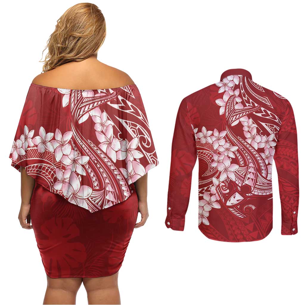 Red Polynesia Hammerhead Shark Tattoo With Plumeria Lei Couples Matching Off Shoulder Short Dress and Long Sleeve Button Shirt
