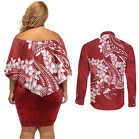 Red Polynesia Hammerhead Shark Tattoo With Plumeria Lei Couples Matching Off Shoulder Short Dress and Long Sleeve Button Shirt