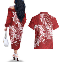 Red Polynesia Hammerhead Shark Tattoo With Plumeria Lei Couples Matching Off The Shoulder Long Sleeve Dress and Hawaiian Shirt