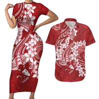 Red Polynesia Hammerhead Shark Tattoo With Plumeria Lei Couples Matching Short Sleeve Bodycon Dress and Hawaiian Shirt
