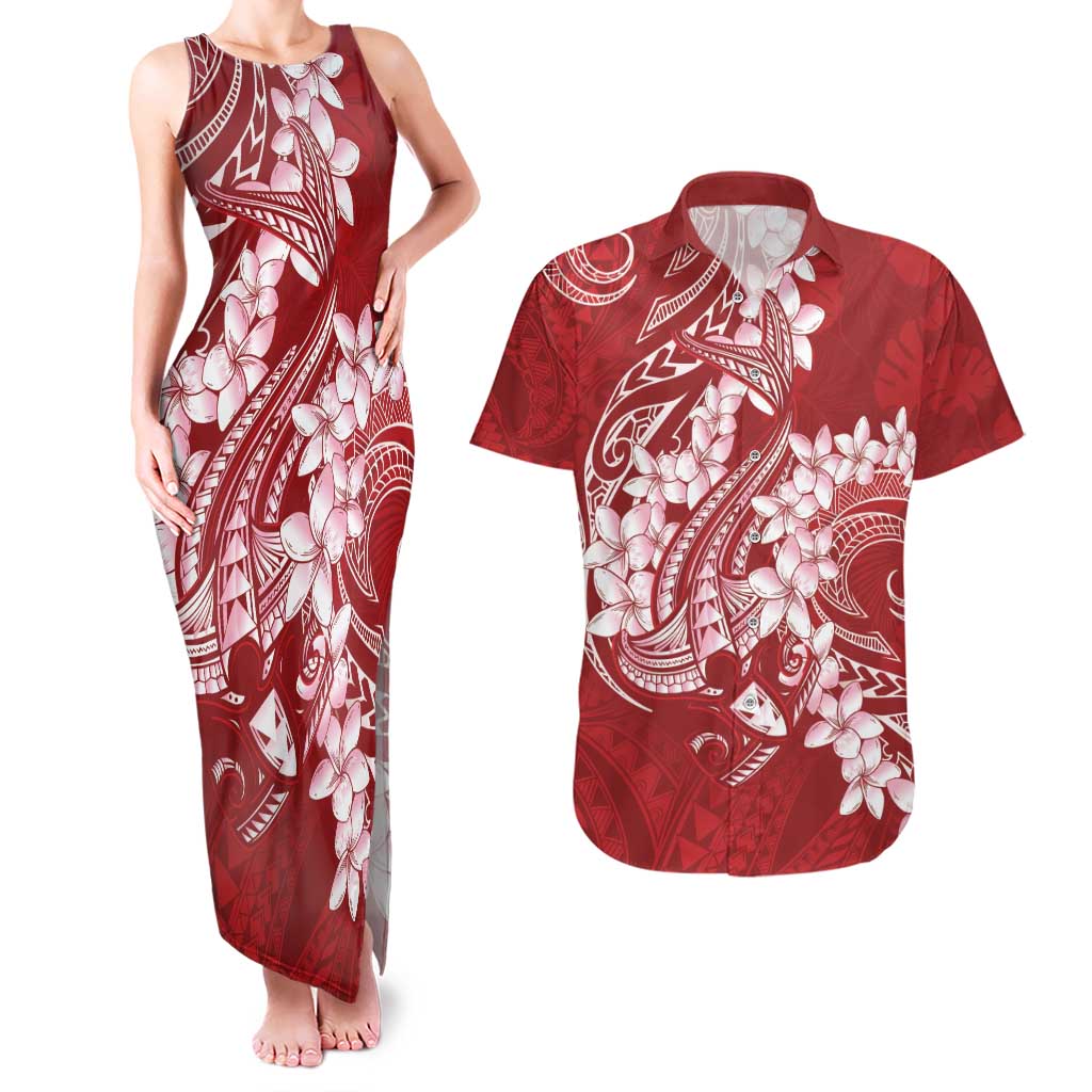 Red Polynesia Hammerhead Shark Tattoo With Plumeria Lei Couples Matching Tank Maxi Dress and Hawaiian Shirt