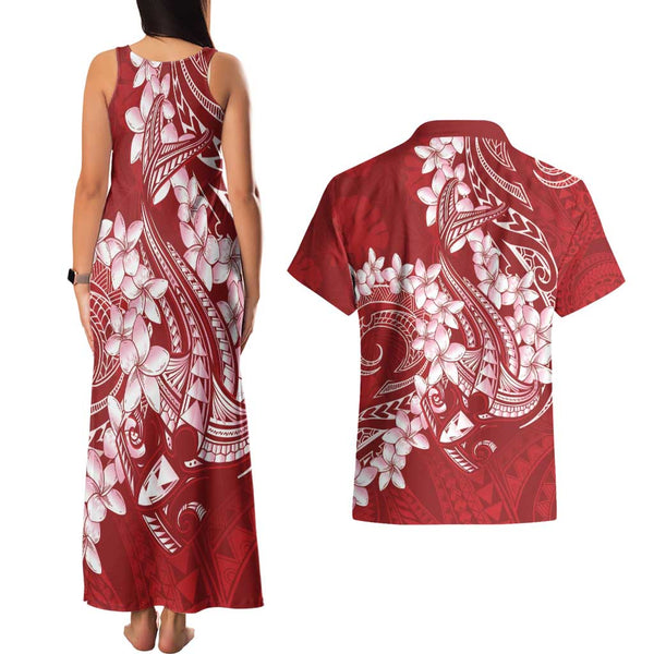 Hawaii Couples Matching Tank Maxi Dress And Hawaiian Shirt Polynesian Shark Tattoo With Plumeria Green Gradient LT14 main image 1