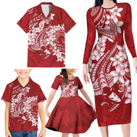 Red Polynesia Hammerhead Shark Tattoo With Plumeria Lei Family Matching Long Sleeve Bodycon Dress and Hawaiian Shirt