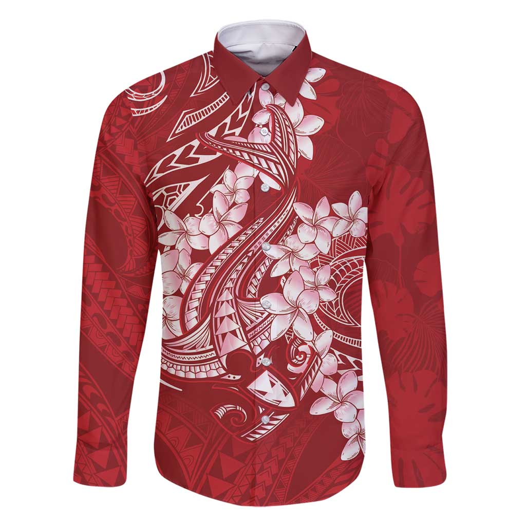 Red Polynesia Hammerhead Shark Tattoo With Plumeria Lei Family Matching Long Sleeve Bodycon Dress and Hawaiian Shirt