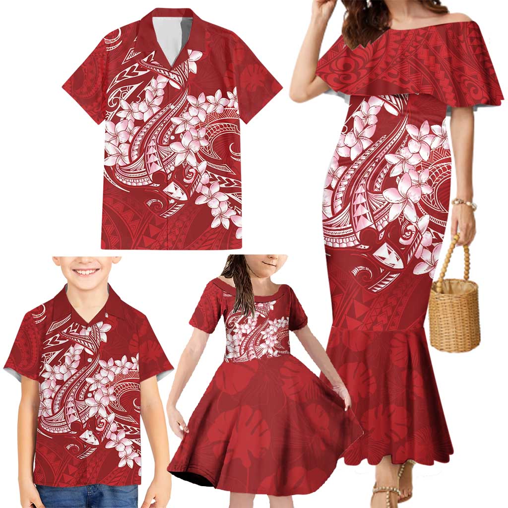 Red Polynesia Hammerhead Shark Tattoo With Plumeria Lei Family Matching Mermaid Dress and Hawaiian Shirt