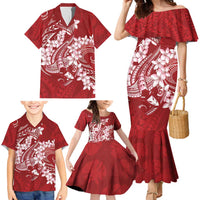 Red Polynesia Hammerhead Shark Tattoo With Plumeria Lei Family Matching Mermaid Dress and Hawaiian Shirt