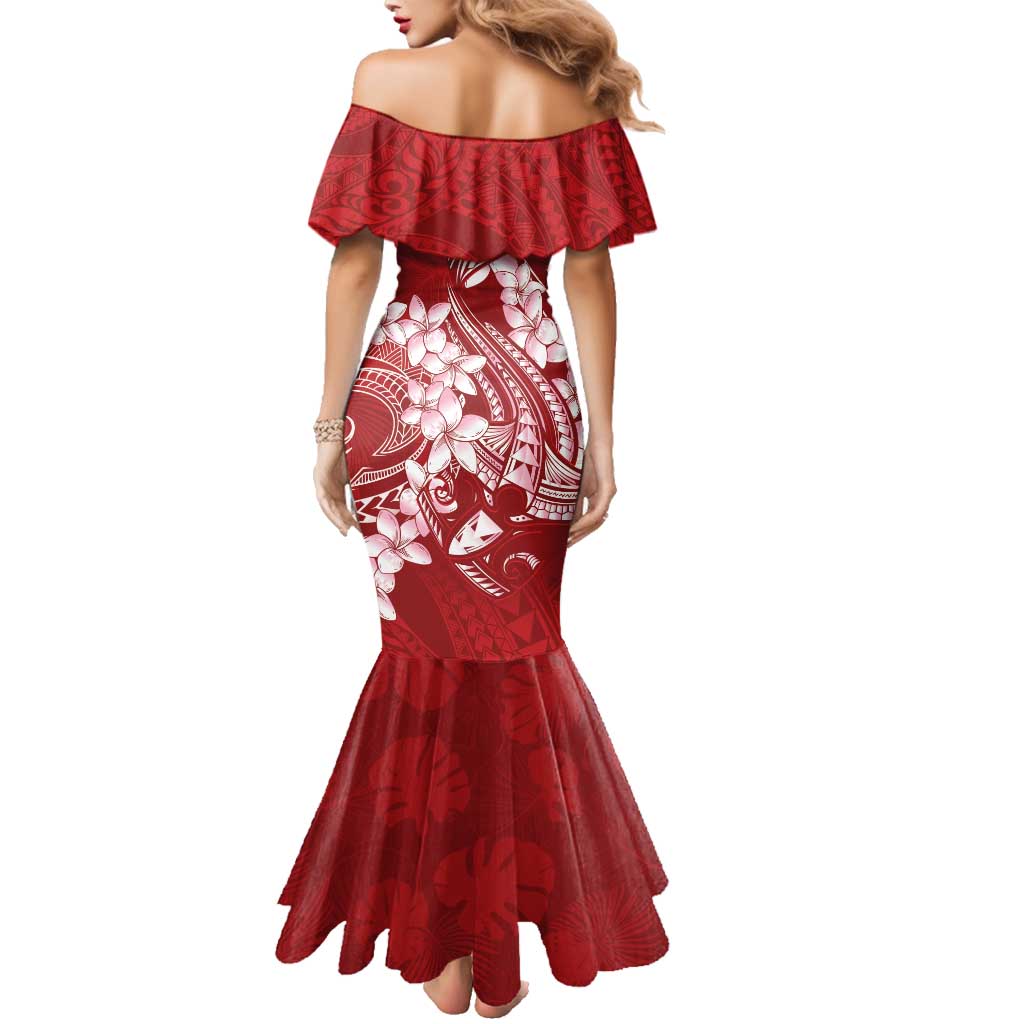 Red Polynesia Hammerhead Shark Tattoo With Plumeria Lei Family Matching Mermaid Dress and Hawaiian Shirt